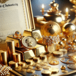 A sophisticated and elegant assortment of gold bars, coins, and jewelry, showcased with a certificate of authenticity in the background.