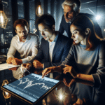 Modern investors analyzing gold investments charts on digital tablet at a well-lit office desk