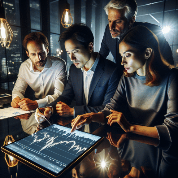 Modern investors analyzing gold investments charts on digital tablet at a well-lit office desk