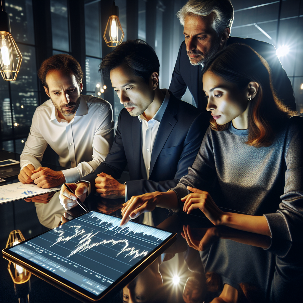 Modern investors analyzing gold investments charts on digital tablet at a well-lit office desk