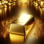 A shiny gold bar on a background of elegant, blurred golden lights, symbolizing wealth and luxury.