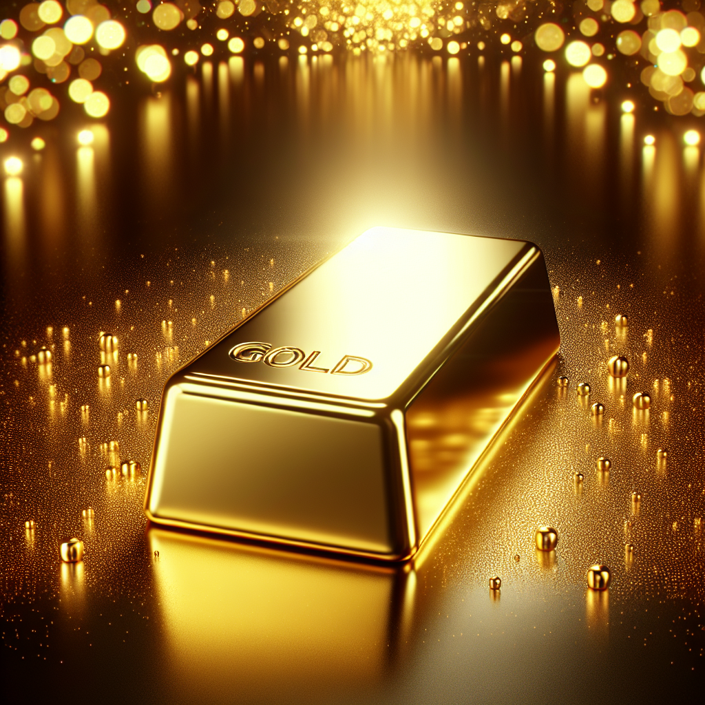 A shiny gold bar on a background of elegant, blurred golden lights, symbolizing wealth and luxury.