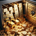 A safe with a variety of gold bars and coins, symbolizing a secure investment.