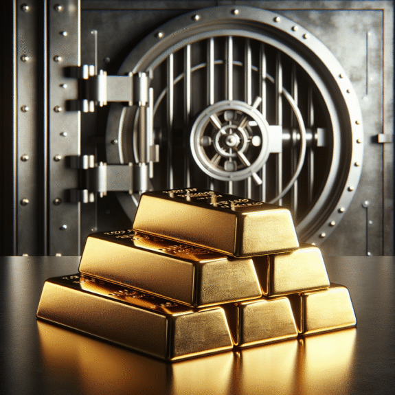 A stack of shining Credit Suisse gold bars with a secure vault background, emphasizing wealth and security.