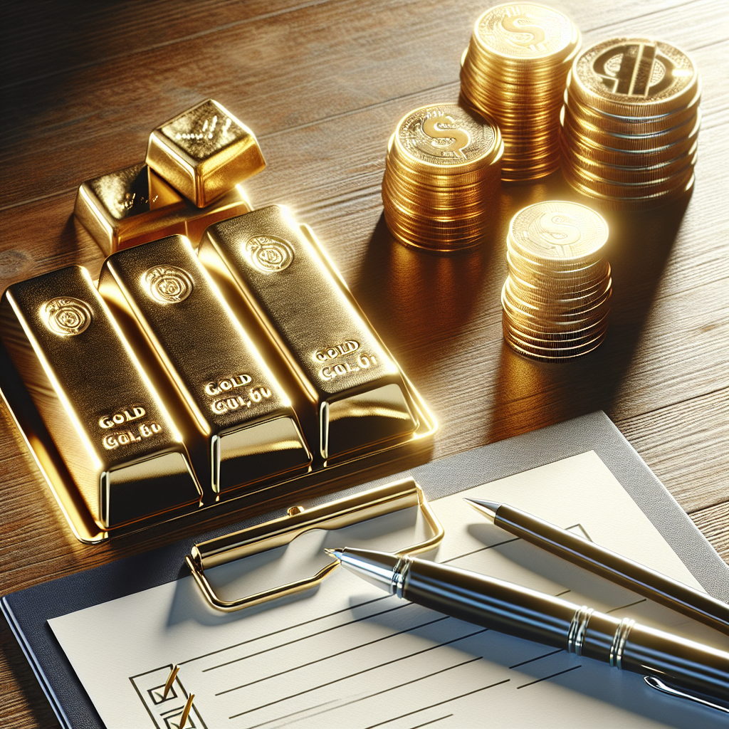 Nærbilde av gullbarrer og mynter på et elegant trebord med en sjekkliste og pen, moderne stil, lys naturlig belysning