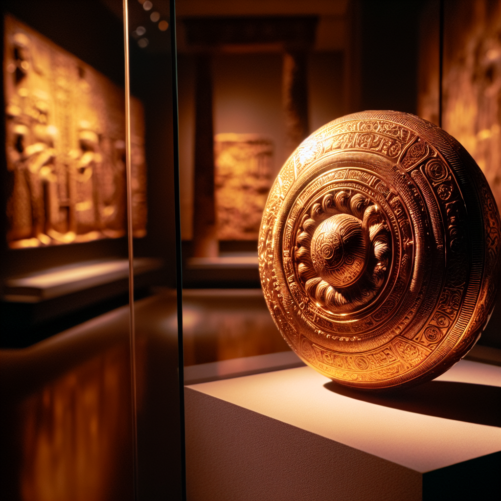 Nærbilde av en antikk gyllen gullgjenstand på et museum; varm belysning, teksturdetaljer, arkeologisk bakgrunn og subtile skygger