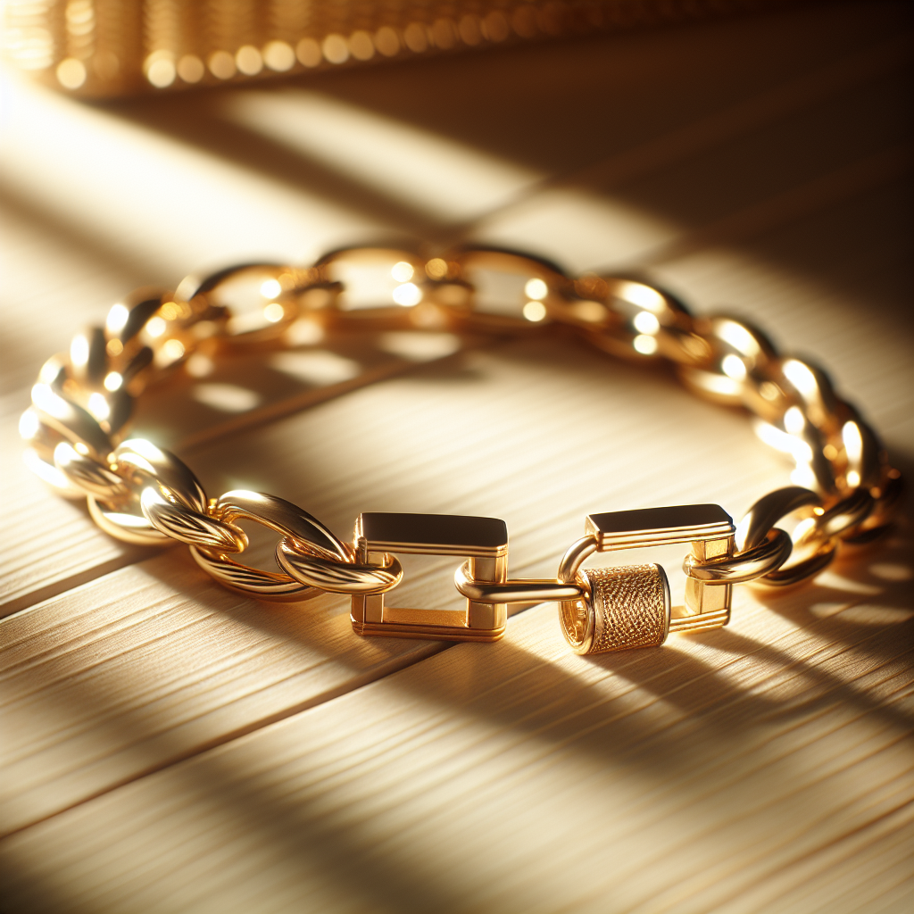 Nært bilde av et elegant gullarmbånd på et lyst trebord, myk belysning, fokus på detalj i lås og lenke, tidløs og luksuriøs stil