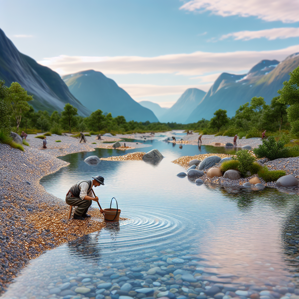 Norsk elvebredde med en person som paner etter gull i klart vann, naturlandskap med grusbanker og fjell i bakgrunnen, realistisk og detaljert