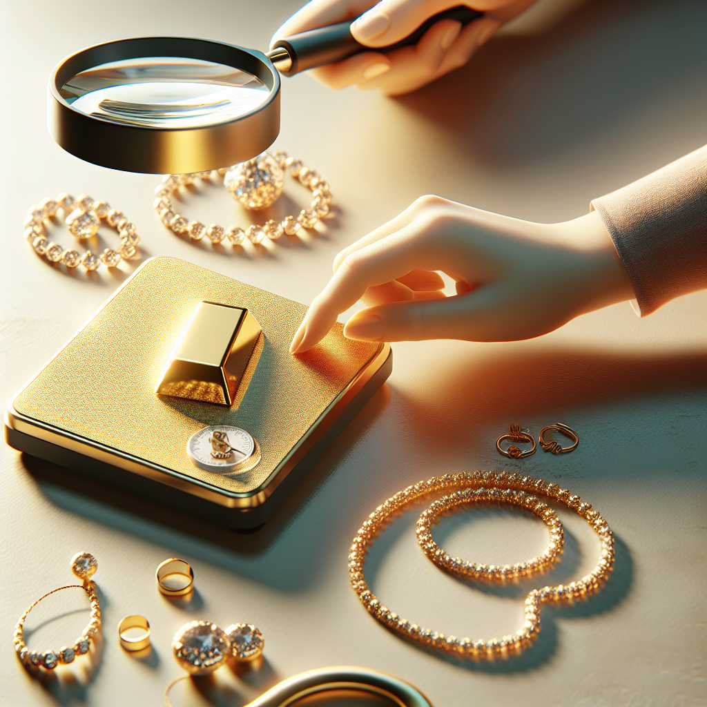 Nærbilde av hånd som undersøker gullsmykker og en liten gullbarre med lupe og vekt på et lyst bord, enkel nøytral bakgrunn