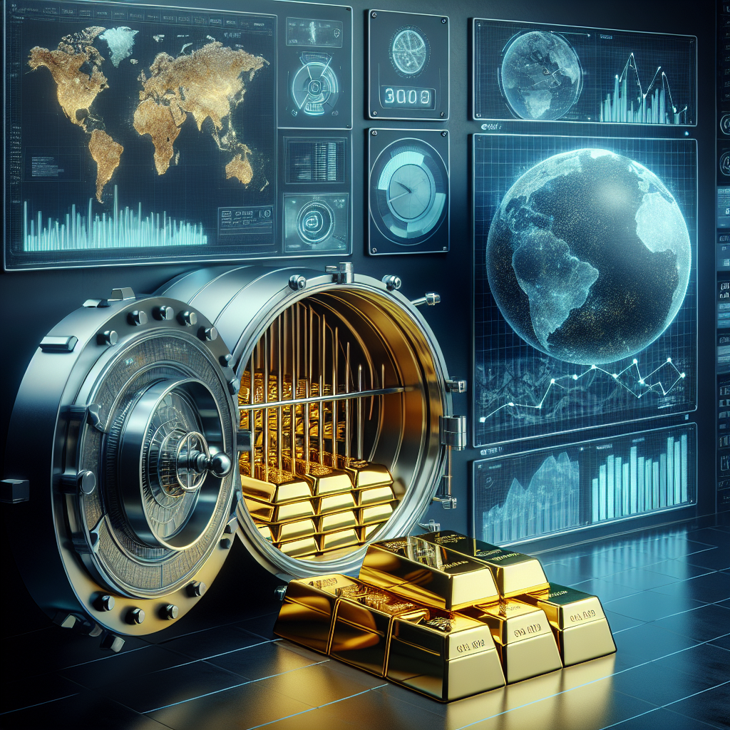 Oversiktsbilde av gullbarrer i et bankhvelv med globus og økonomiske grafer i bakgrunnen, moderne og profesjonell stil, høy oppløsning